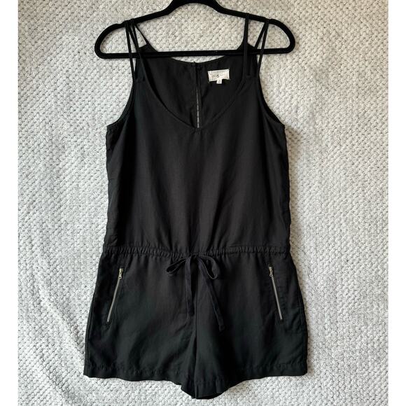 LOFT Lou & Grey Romper S Black Linen Zip Pocket Tie Waist Key Hole Straps V-Neck - Picture 1 of 15